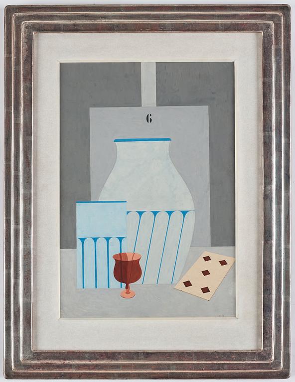 Otto G Carlsund, Still life with glass, vases and playing cards.