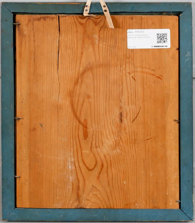 TAVLA, pappersklipp, kolorerad, datering 1831.