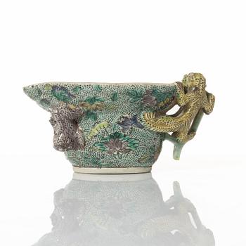 A famille verte bisquit wine cup, Qing dynasty, Kangxi (1662-1722).