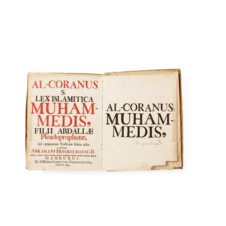 KORAN, ABRAHAM HINCKELMANN (1652-1695, RED). Al Coranus Sive Lex Islamatica Muhammedis, Hamburg 1694.