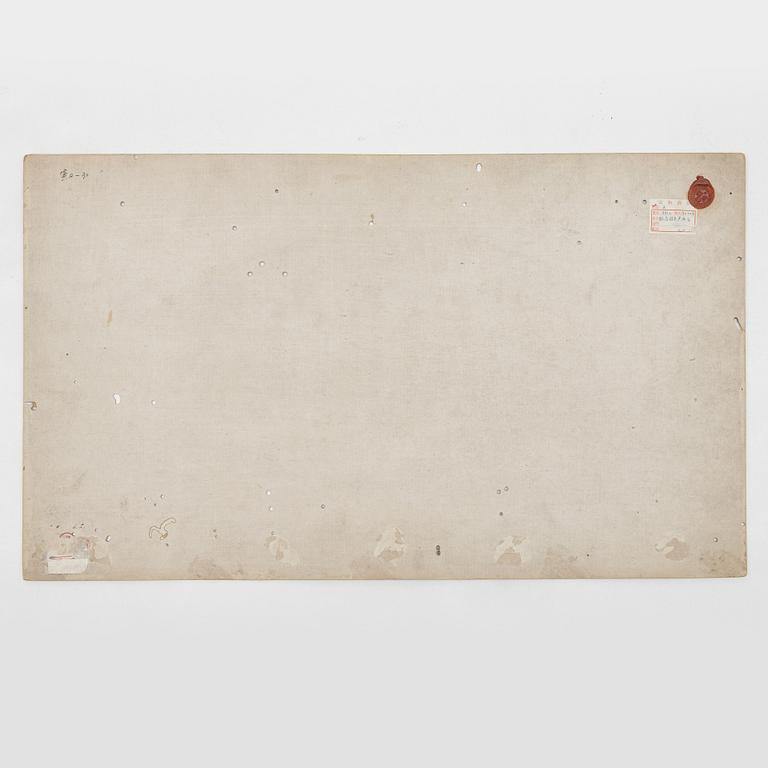 Oidentifierad konstnär, s.k. "Solfjädersmålning", Betande gäss, Kina, 1900-tal.