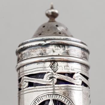 A set of three 20th century silver spice casters and a mustard jar, Denmark / England. Silver weight ca 152 g.