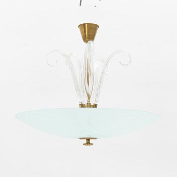 Nordiska Kompaniet, a Swedish Modern glass and brass ceiling light, 1940's.