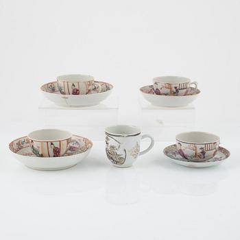 A set of five famille rose cups and four dishes, Qing dynasty, 18th Century.