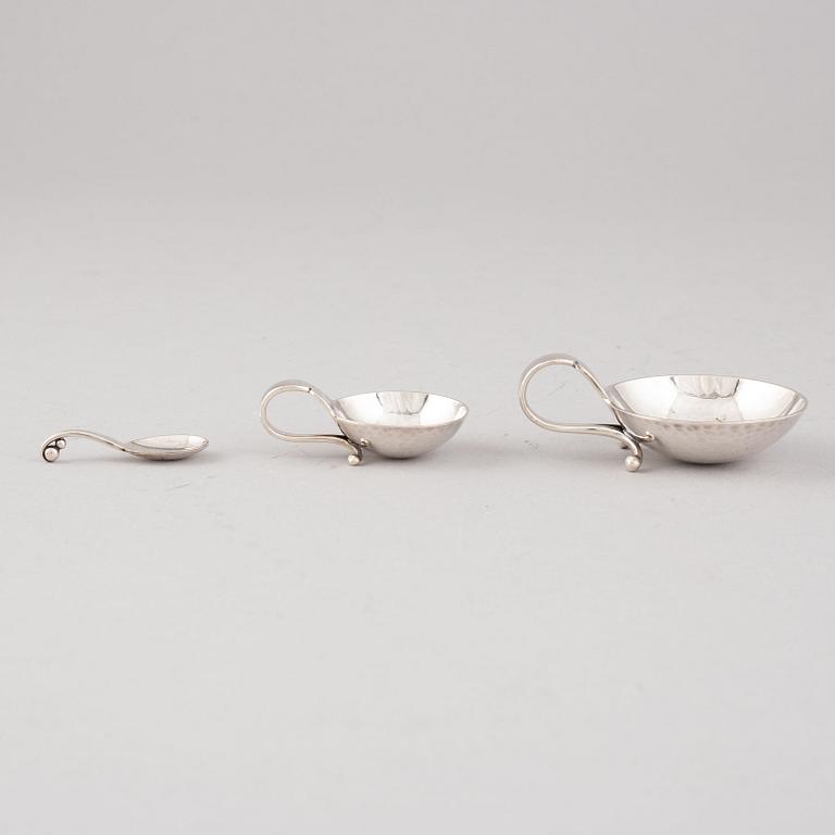 Georg Jensen, saltkar och småskedar, 6 st, sterling silver, Köpenhamn, 1900-talets mitt.
