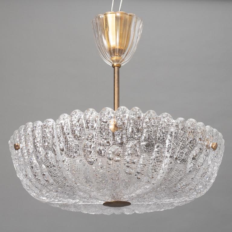 Carl Fagerlund, a brass and glass ceiling lamp, Orrefors, late 20th century.