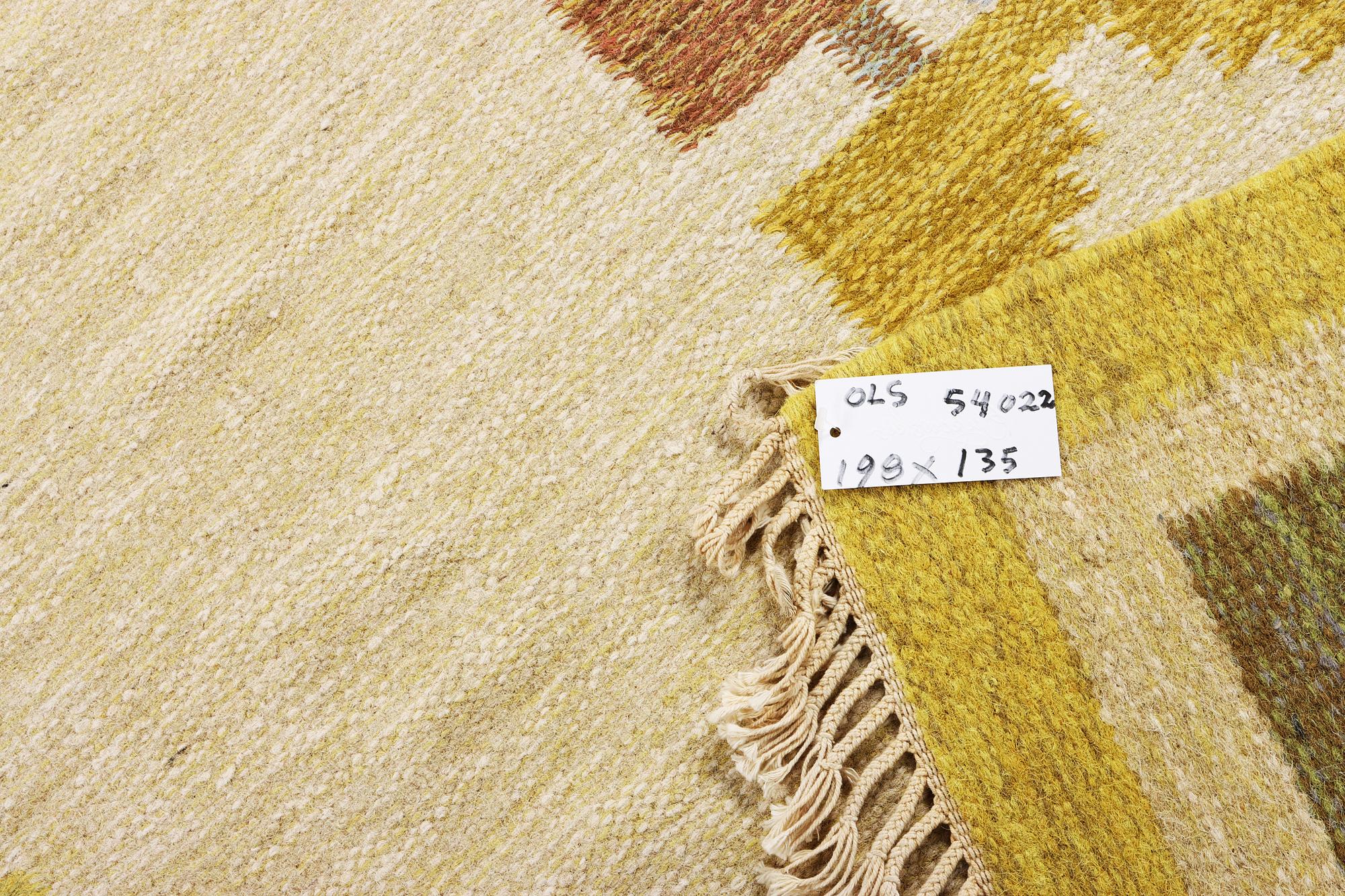 Ida Rydelius, a flat weave carpet, signed IS, Sweden, c. 198 x 135 cm.