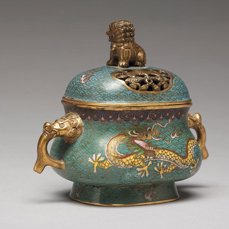 RÖKELSEKAR med LOCK, cloisonné. Qingdynastin, 1800-tal.