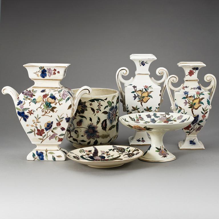 PARTI RÖRSTRAND, 6 delar, flintgods, "Ungersk Majolika", Rörstrand, 1800-talets slut.