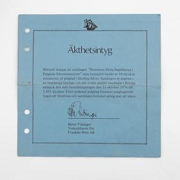 Miniatyrer, 50 st, sterling silver, "Historiens Stora Segelfartyg", Franklin Mint, 1970-tal.