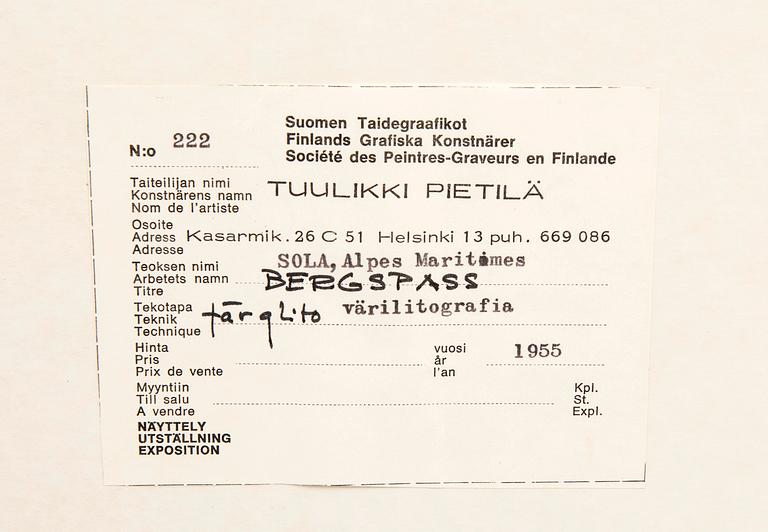 Tuulikki Pietilä, color lithograph and wood engraving, signed, dated, and numbered 1946 4/10 and 1955 4/7.