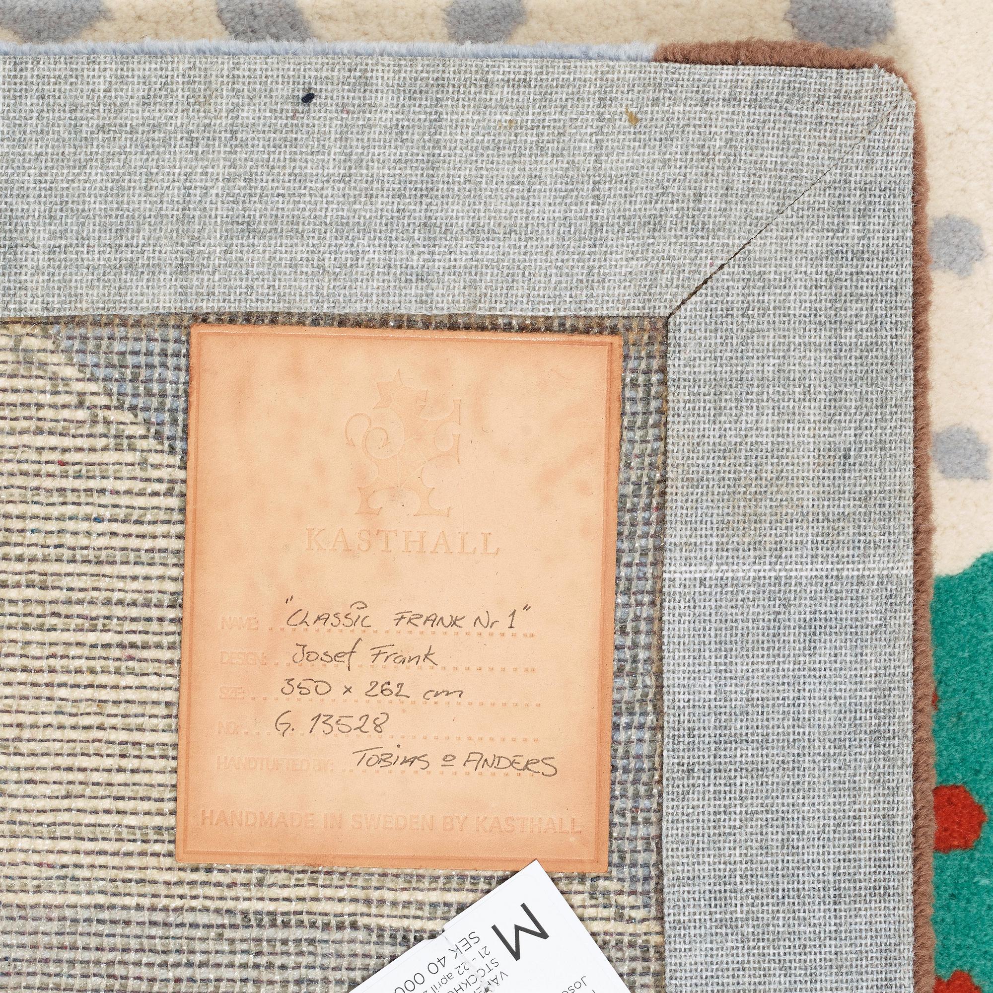 MATTA. "Matta nr 1" ("Classic Frank Nr 1"). Handtuftad. 344,5 x 258 cm. Signerad Josef Frank. Svenskt Tenn/Kasthall.