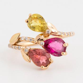 Multi-coloured tourmaline and brilliant-cut diamond spray ring.