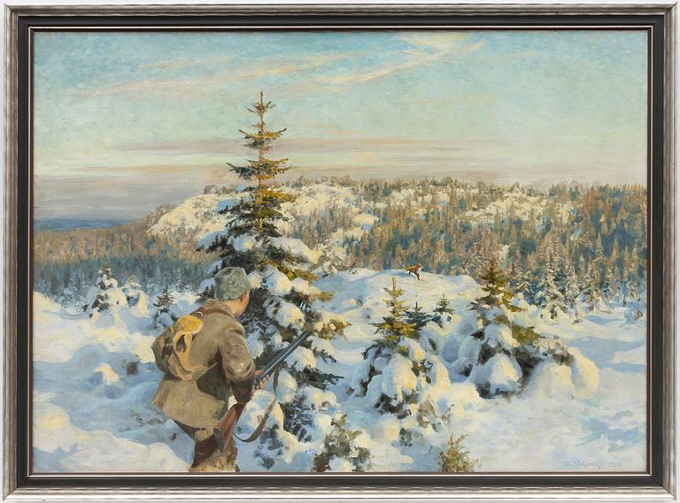 Thure Wallner, Winter Landscape with Hunter and Fox.
