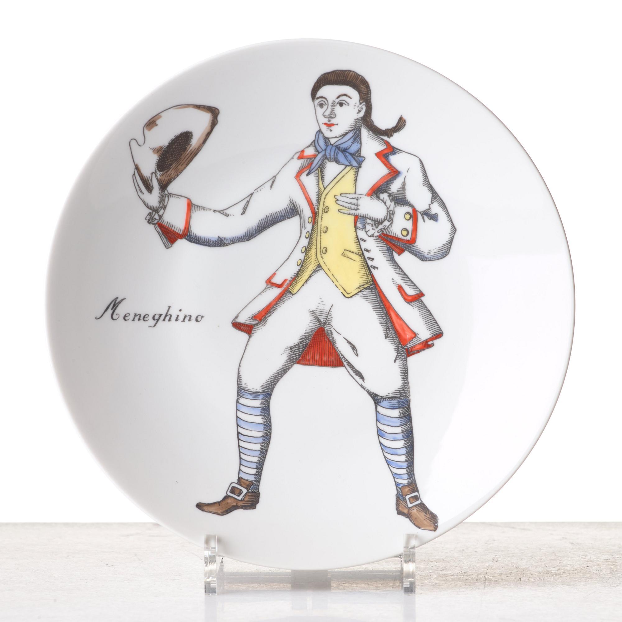 Piero Fornasetti, a set of 12 "Maschere Italiane" porcelain plates, Milan, Italy.