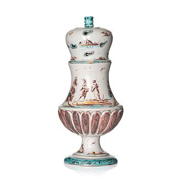 422. A large faience pot pourri jar with cover, 18th Century.
