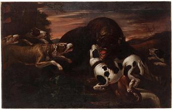 868. Frans Snyders, follower of, Bear hunting with dogs.