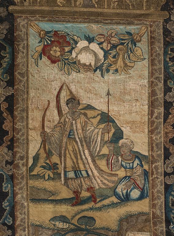 EMBROIDERY. Cross stitches and petit point. 267,5 x 162,5 cm. Probably England, around 1700.