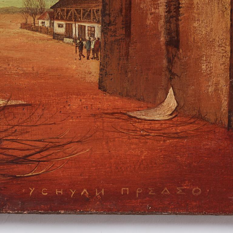 Milić od Mačve, olja på duk lagd på pannå, signerad och daterad 1969, även signerad och daterad 1969 a tergo.