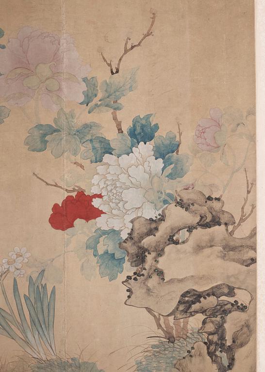 A Chinese scroll painting/wall paper-panel, ink and colour on paper, after Jiang Tingxi (1669-1732), Qing dynasty.