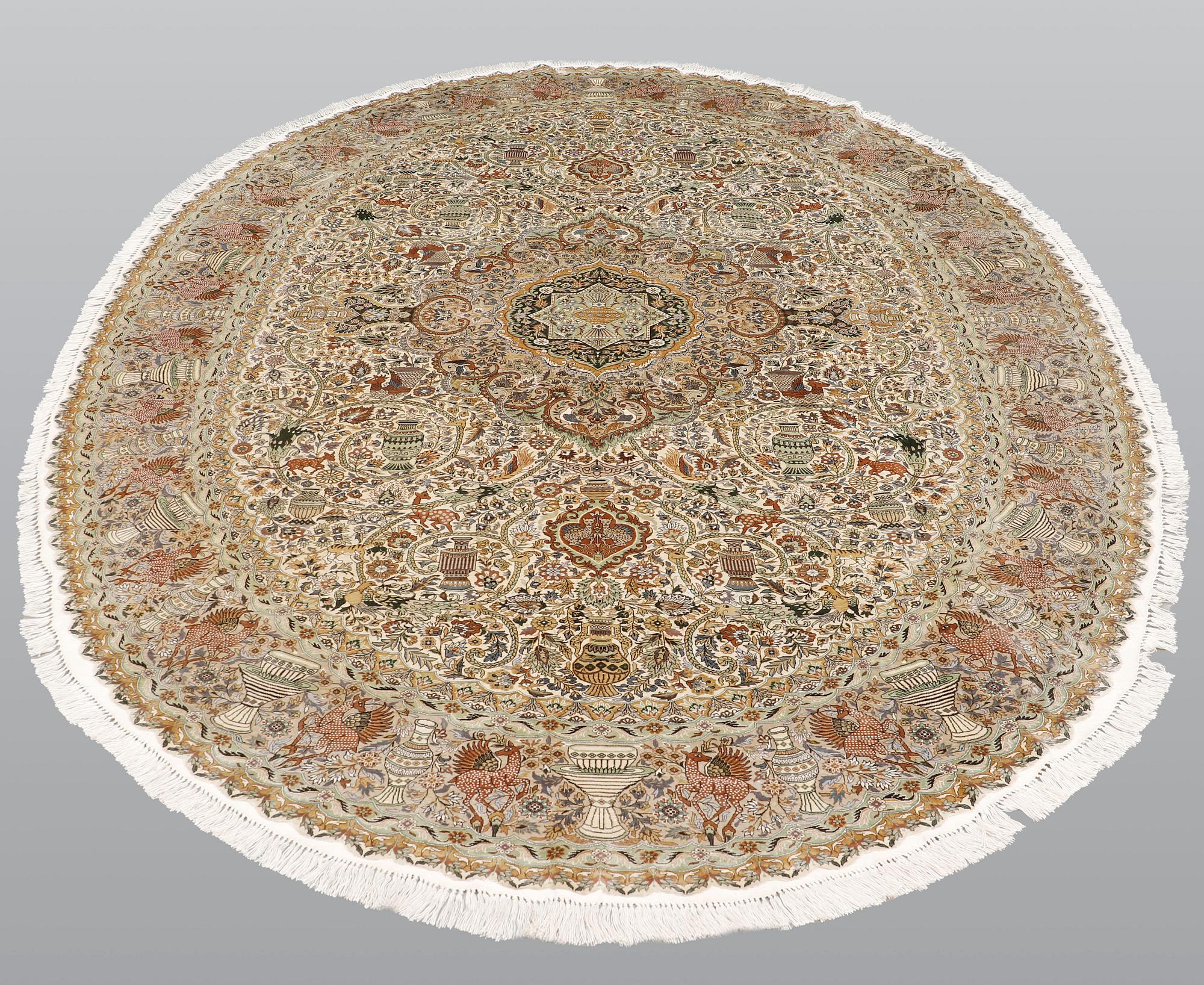 An oval pictoral silk carpet, ca 273 x 180 cm.