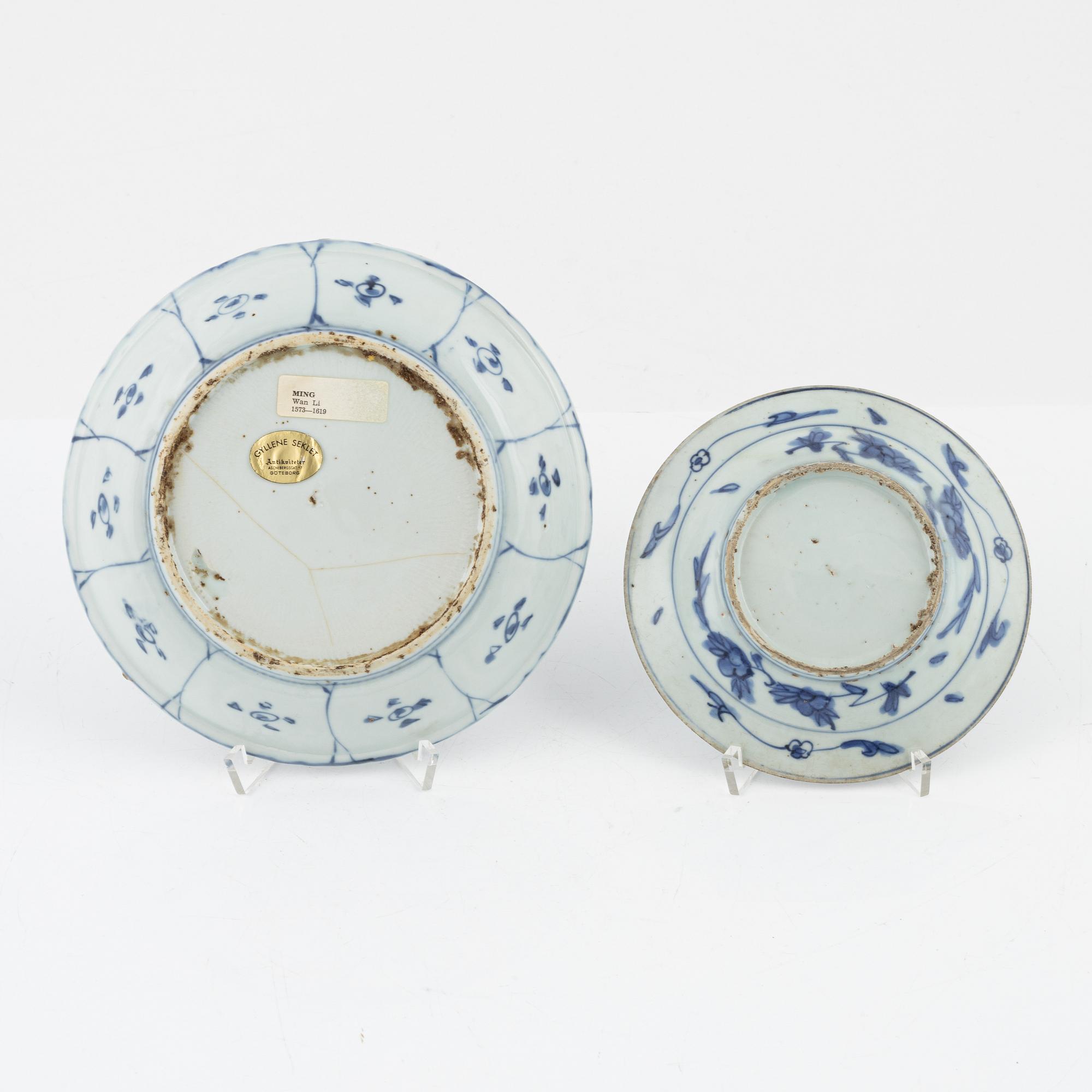 Two blue and white dishes, Ming dynasty (1368-14644).