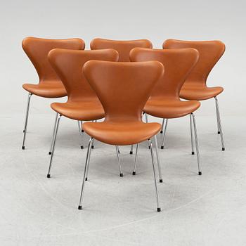Arne Jacobsen, six leather 'Series 7' chairs, Fritz Hansen, Denmark.
