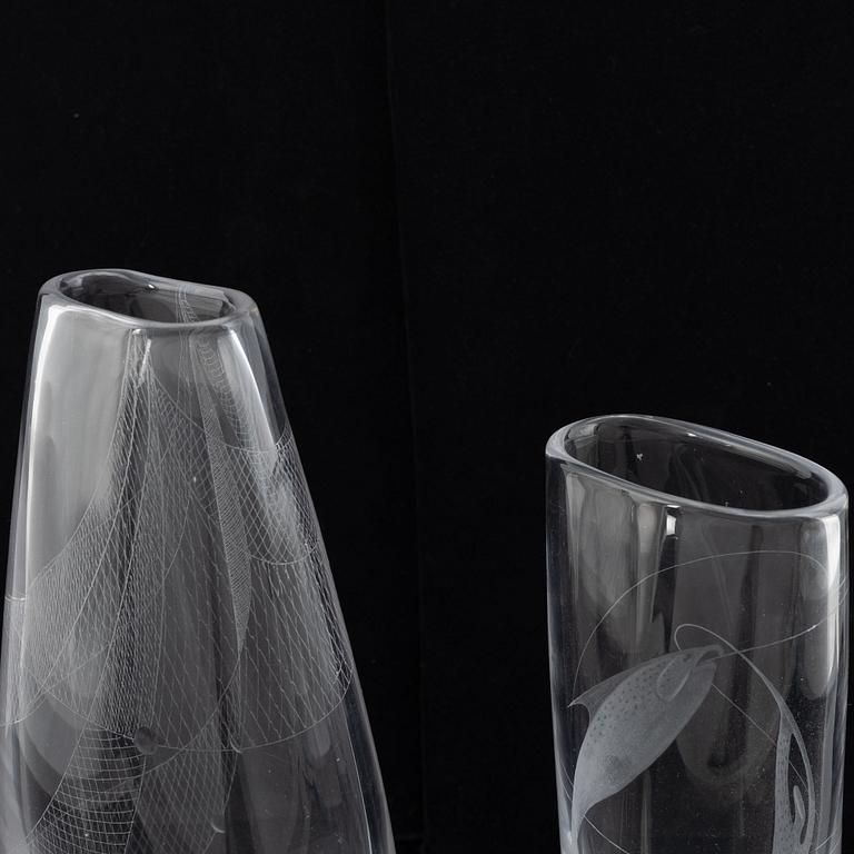 Vicke Lindstrand, two glass vases, Kosta, mid 20th Century.