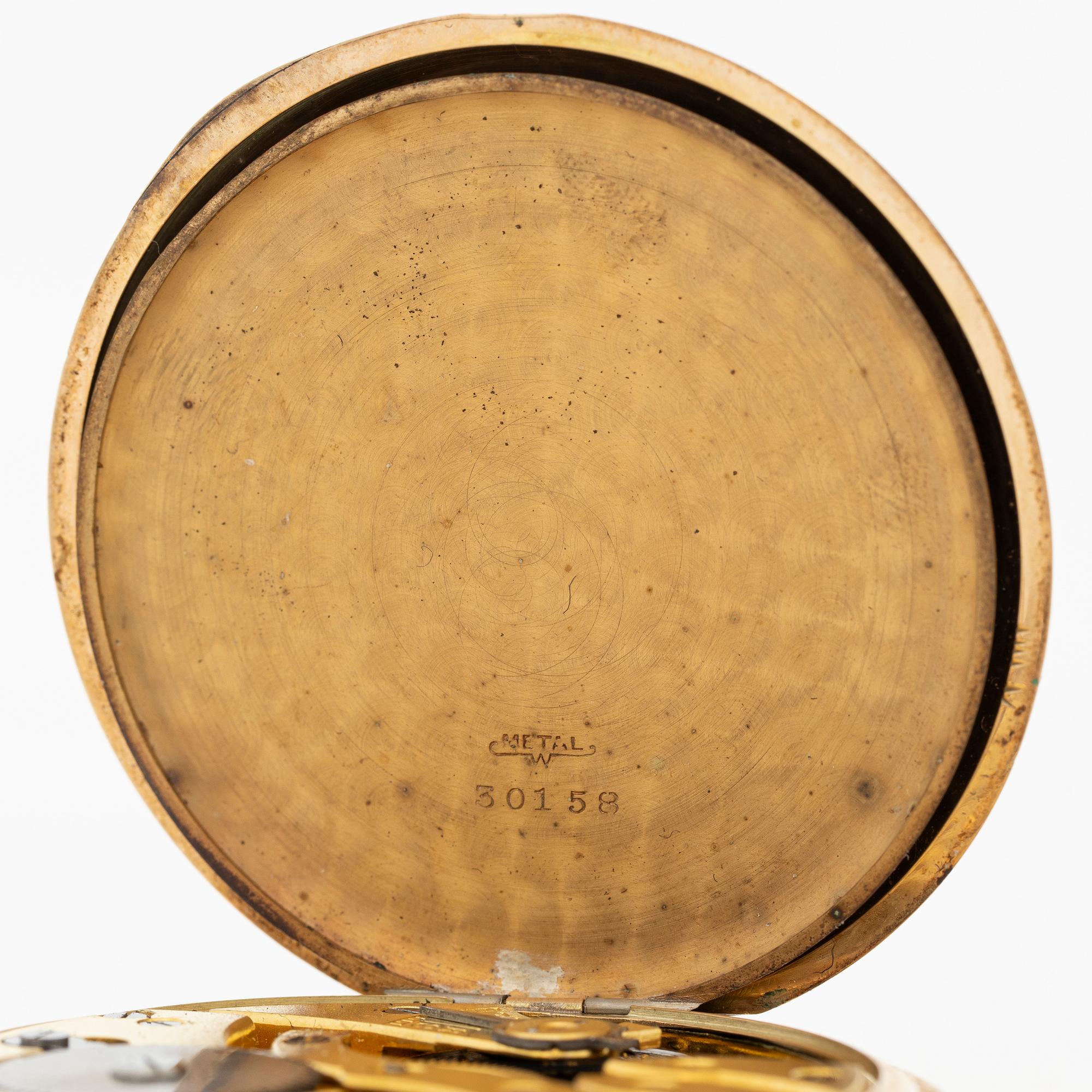 Pocket watch, 14K gold, hunter case, 49.5 mm, with chain.