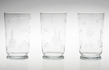 GROGGLAS, 12 st, glas. Med dekor av frimurarsymboler, 1930-tal.