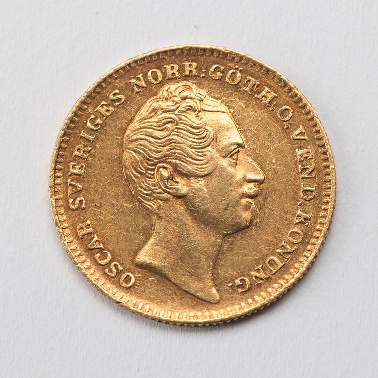 A Swedish 1 Dukat in gold, with the Swedish and Norwegian King Oscar I, 1856.