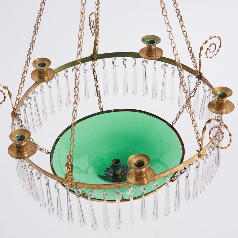 A late Gustavian gilt-brass and green glass six-light chandelier, late 18th century.