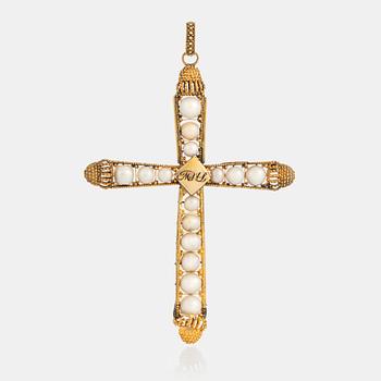 963. A pearl cross pendant and two pearl necklaces.