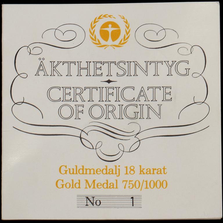 MINNESMEDALJ, 18 K guld, Kauko Räsänen, Sporrong, 1972, numrerad 001/300,  total vikt 447 g.