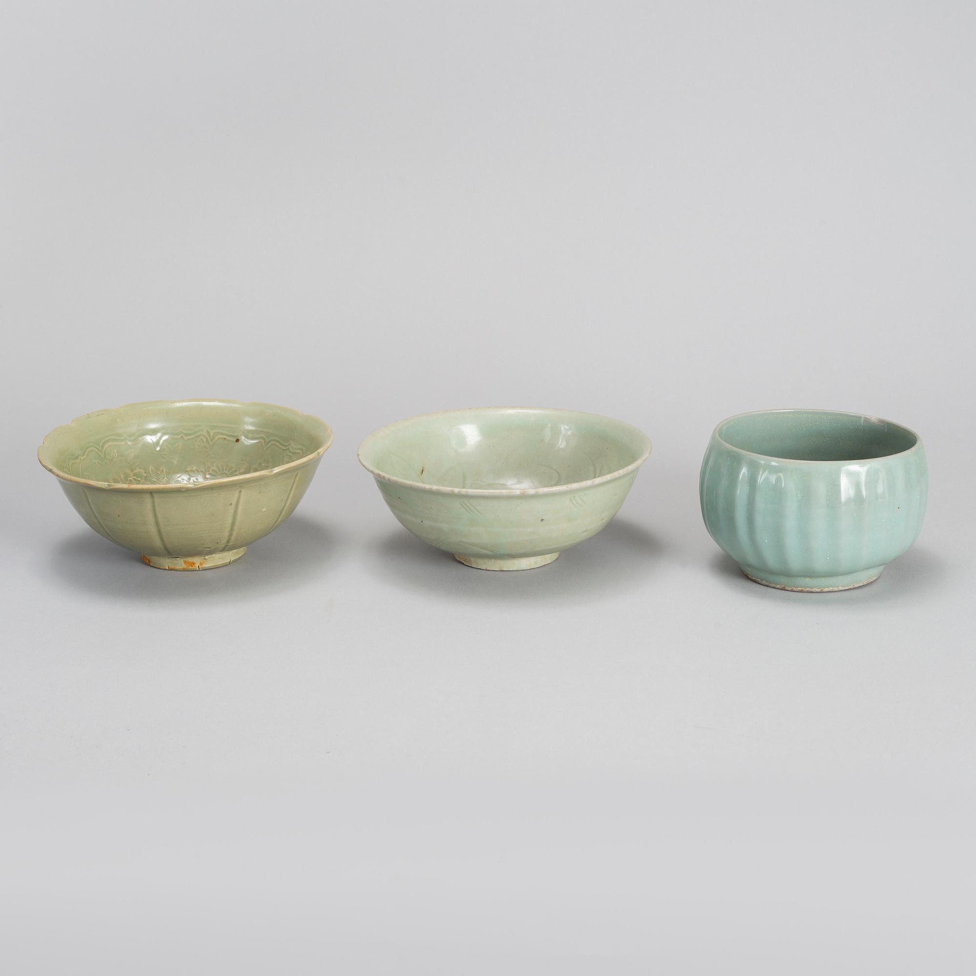 A group of three celadon bowl, South East Asia, 17th Century and later.