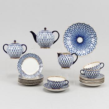 Teaservice, porcelain, 16 pcs "Cobalt net", Lomonosov, Soviet Union.