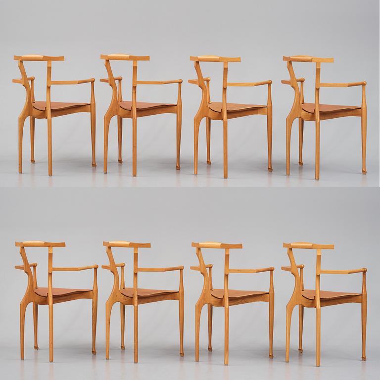 Oscar Tusquets Blanca, a set of 8 oak chairs, "The Gaulino Chair", Carlos Jane, Spain, first edition ca 1987-1988.