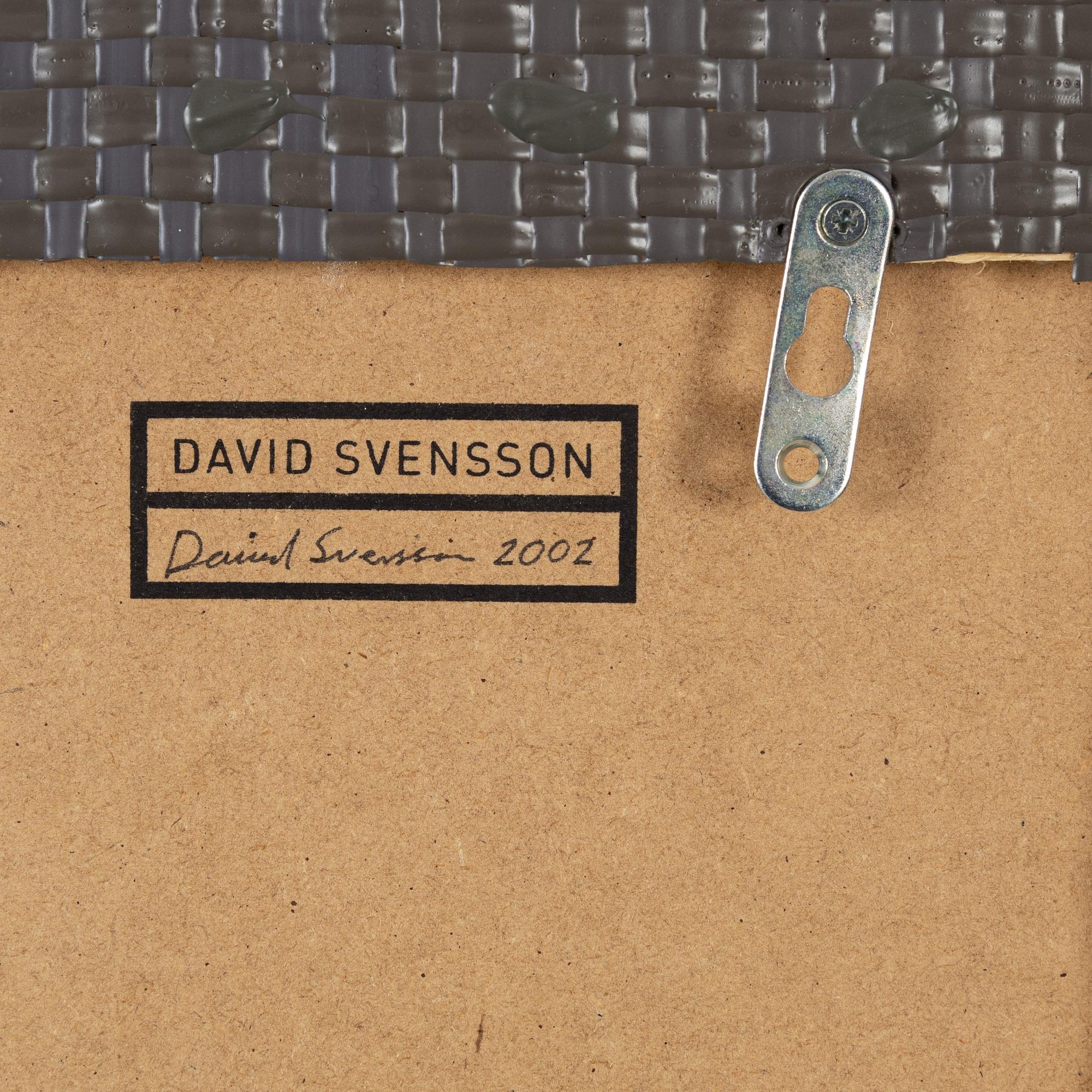 David Svensson, acrylic on woven plastic on panel, signed and dated 2002 verso.