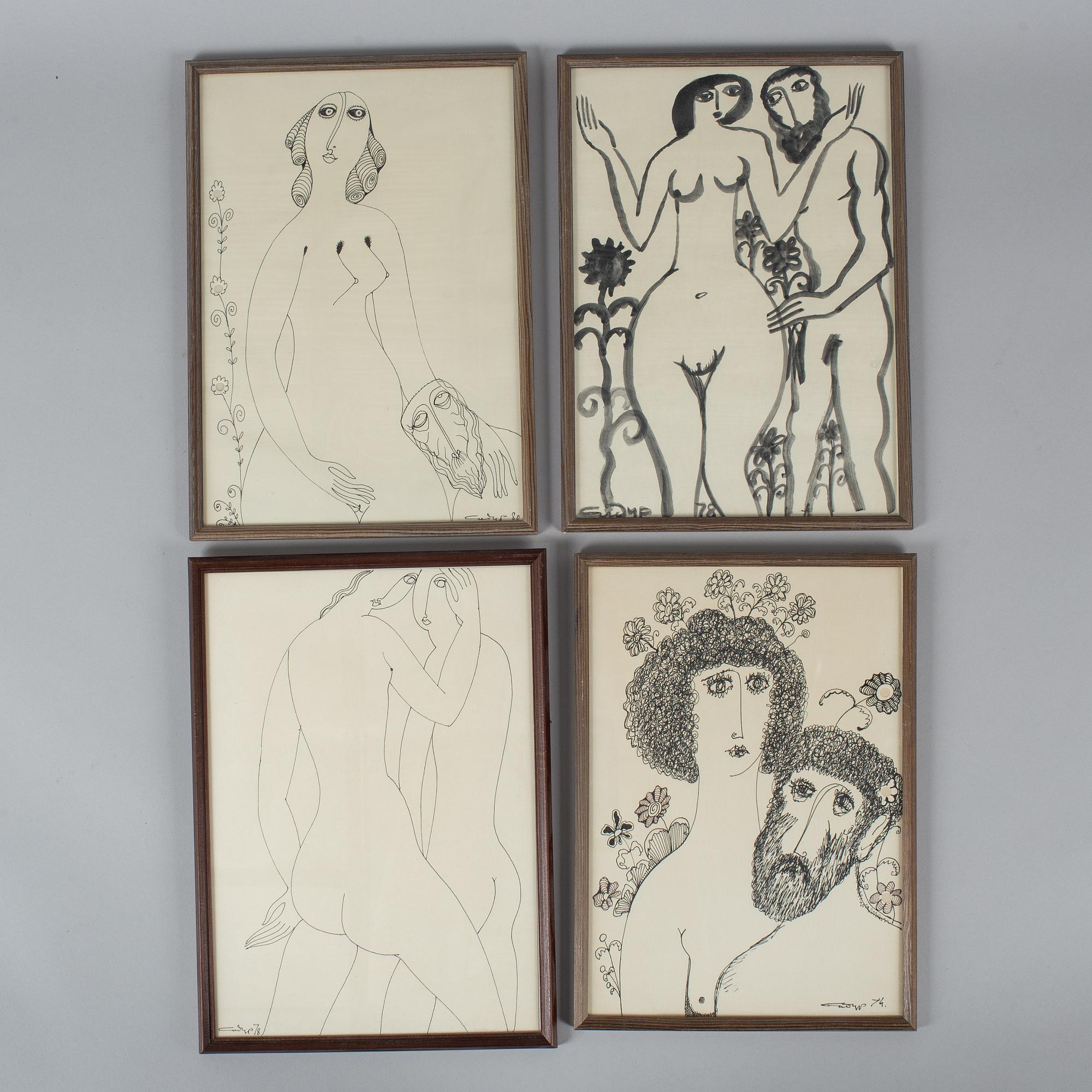VADIM SIDUR, a set of 7 felt pen/ink drawings, signed and dated -70,  -74. -75, 78, -80.