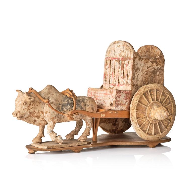 A pottery model of an ox with cart, Tang dynasty (618-907).