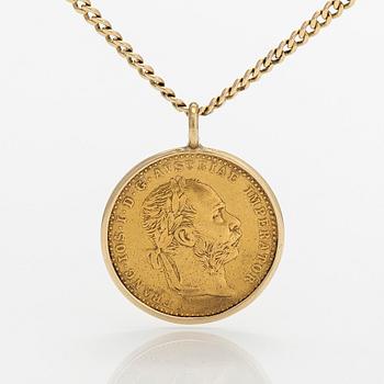 A gold coin pendant, Frans Josef I, Austria-Hungary, 1915. with a 14K gold chain.