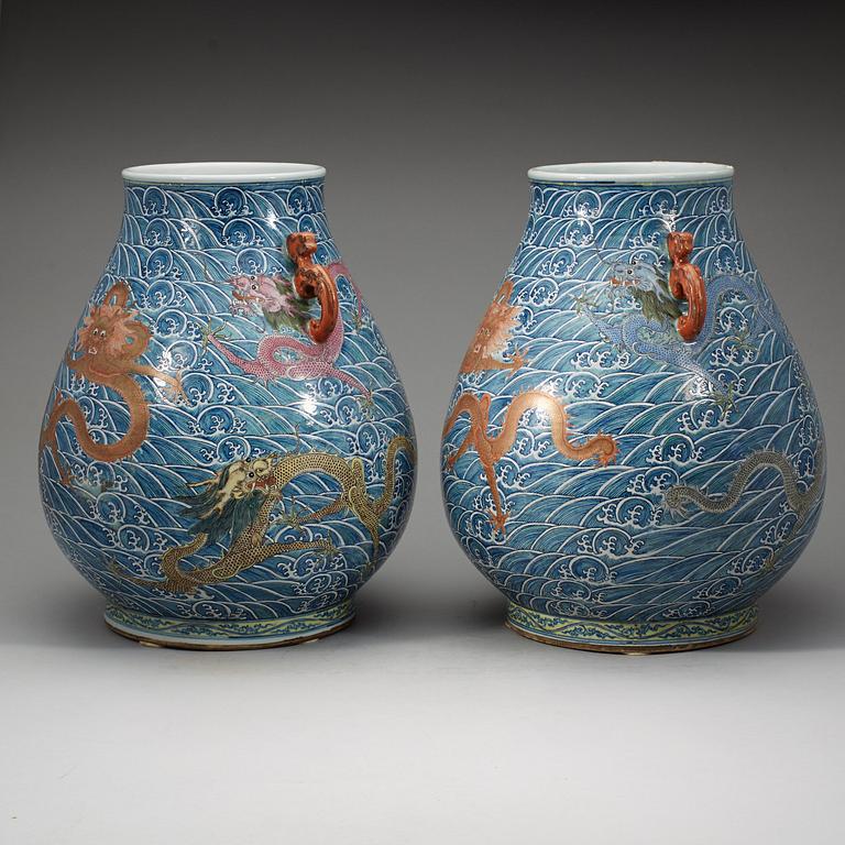 A pair of large enamelled vases with five clawed dragons, presumably late Qing dyasty with Yongzheng mark.