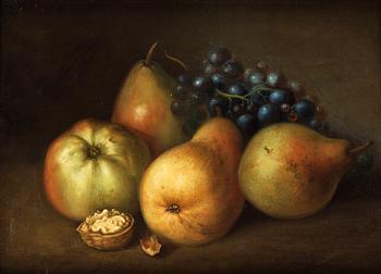 434. Johannes Bouman Hans efterföljd, Stilleben med äpplen, päron, druvor och valnöt.