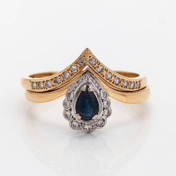 Rings, 2 pcs, faceted sapphire, brilliant- and 8/8-cut diamonds, 18K gold.