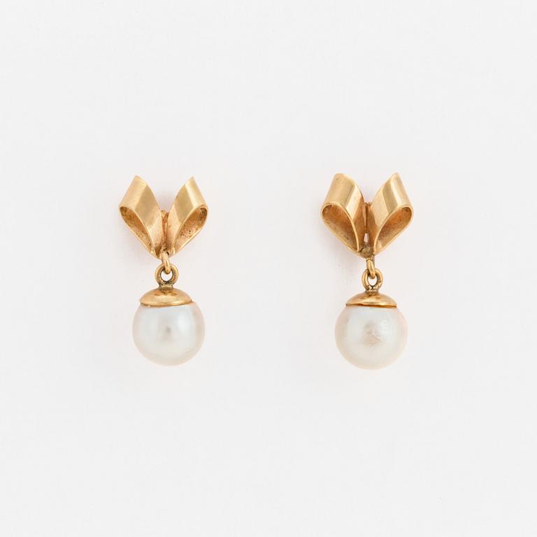 A pair of earrings set with cultured pearls.