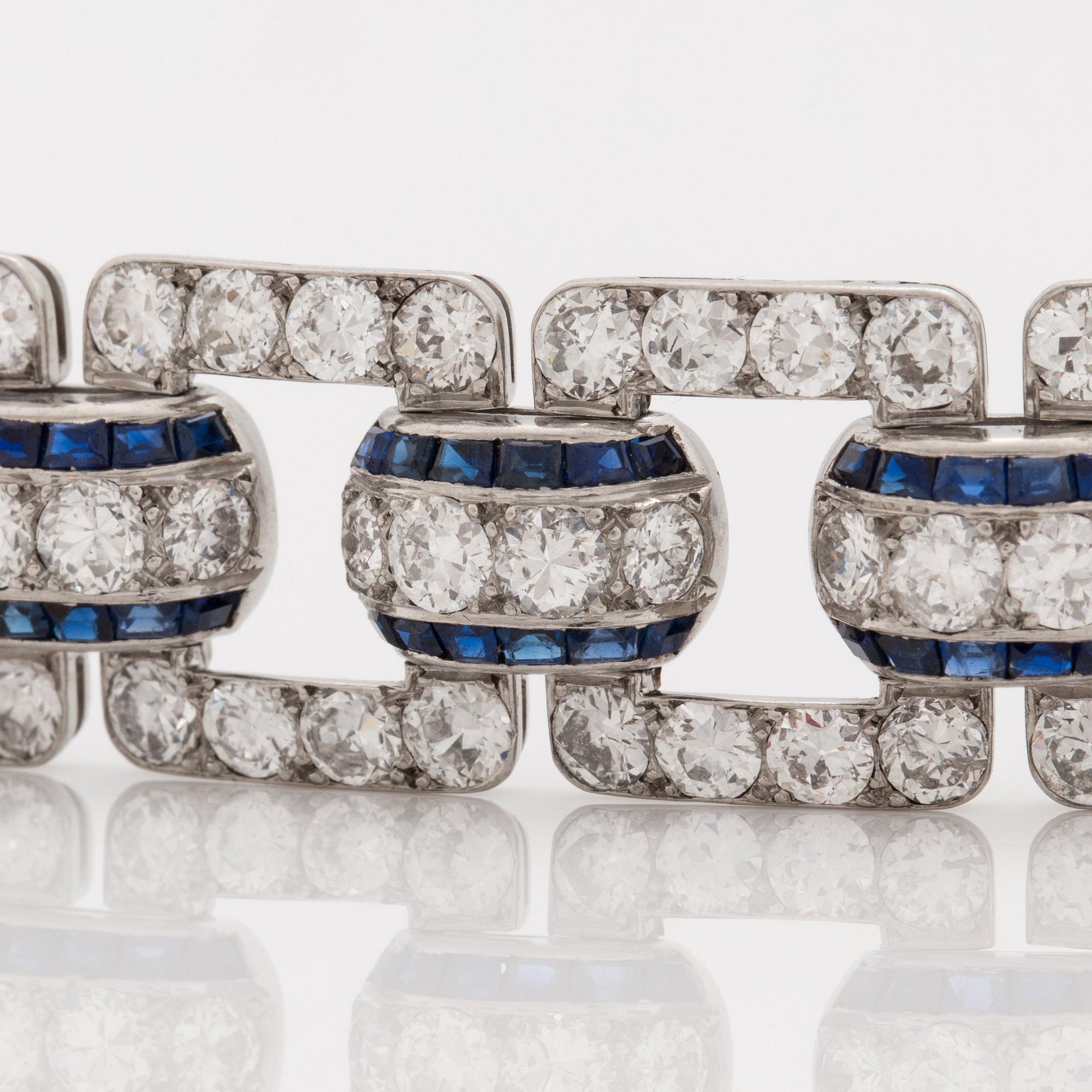 An Art Deco step cut sapphire and  old- cut diamond bracelet.