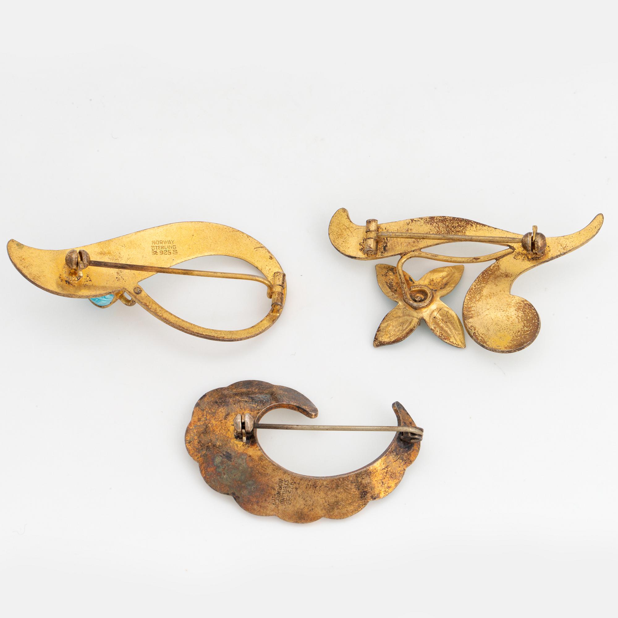 Three brooches, silver and enamel, Norway.