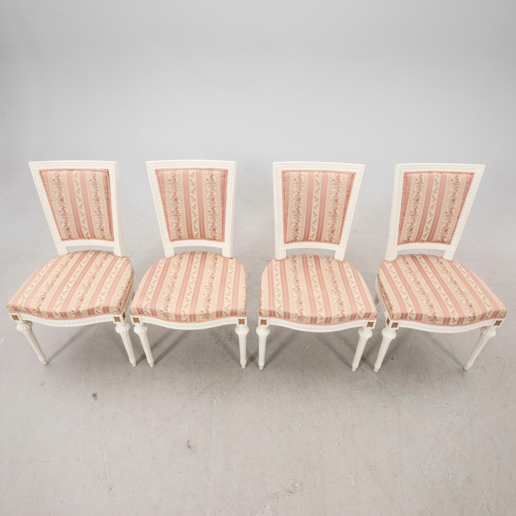 A set of four paitend Gustavian style chairs mid 1900s/second part.