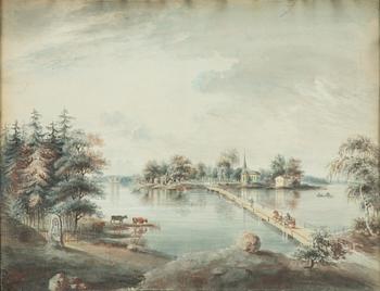 Elias Martin, attributed, Lake landscape with a church, choir, figures, and rune stone.