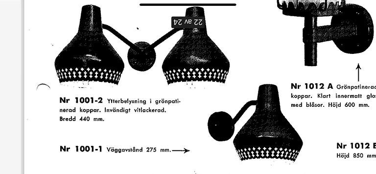 Hans Bergström, a wall lamp model "1001-2", ateljé Lyktan, Åhus, 1950s.